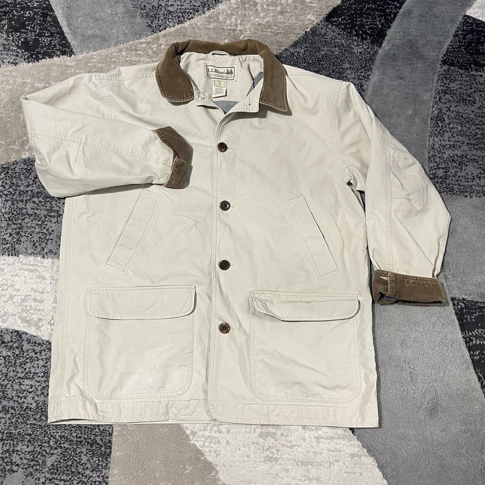 LL Bean Chore Barn Jacket Men XL Brown Corduroy Collar Workwear Canvas‎ Coat
